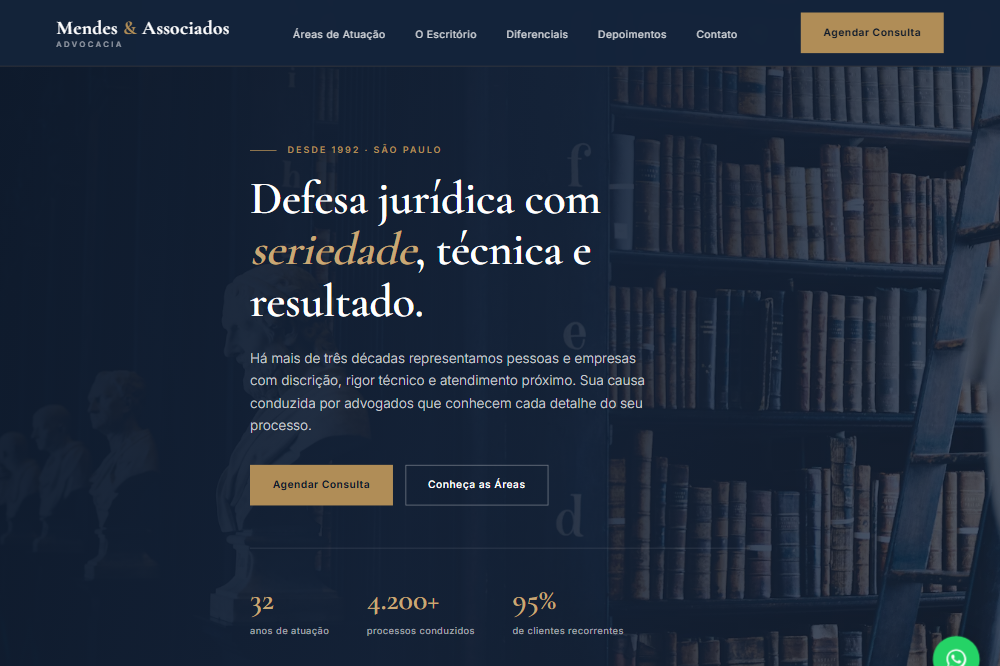 Página inicial do site demonstrativo Mendes & Associados Advocacia, criado pela Serviços Tech