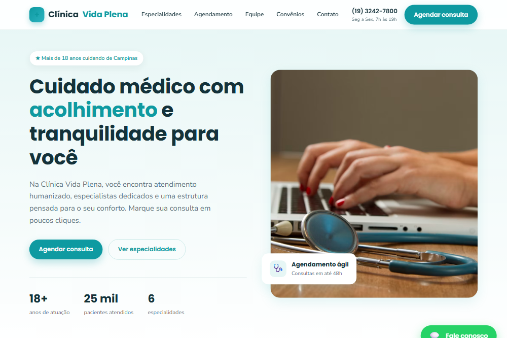Página inicial do site demonstrativo Clínica Vida Plena, criado pela Serviços Tech
