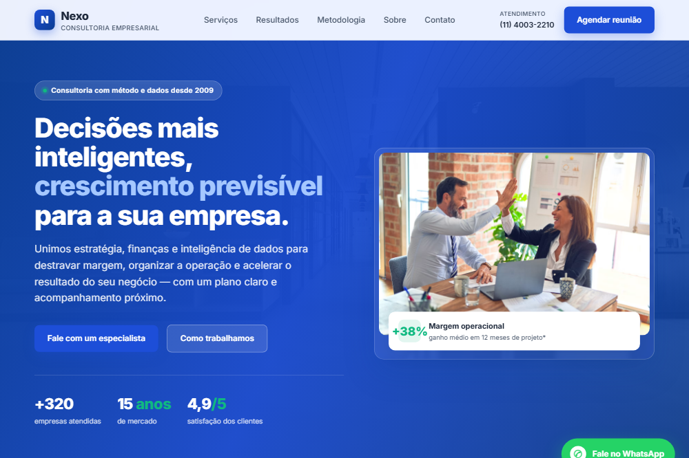 Página inicial do site demonstrativo Nexo Consultoria Empresarial, criado pela Serviços Tech