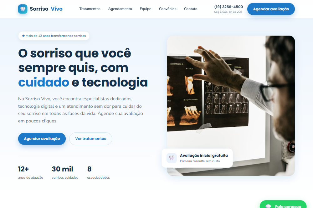 Página inicial do site demonstrativo Sorriso Vivo Odontologia, criado pela Serviços Tech